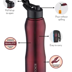 BOROSIL Grip N Sip 6-Pieces Maroon Single Wall Bottle 750 ml image 4