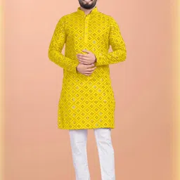 Shree Sundha Men Embroidered, Embellished Straight Kurta (Yellow)-6