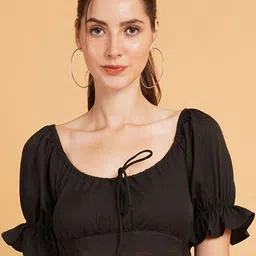IX IMPRESSION Tie-Up Neck Puff Sleeve Crepe Crop Top-image-27