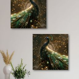 Aura Brown & Black 2 Pieces Peacocks Printed Canvas Wall Arts-picture-23