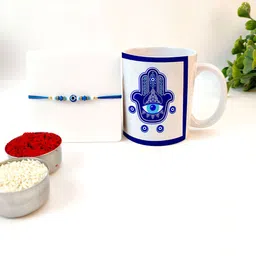Giftii Artificial Stones Studded & Beaded Evil Eye Rakhi With Mug & Roli Chawal-image-44
