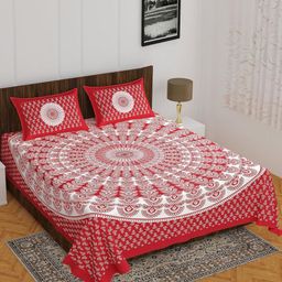 MAGICAL Red Floral Printed 104 TCCotton Queen Bedsheet Set-image-91