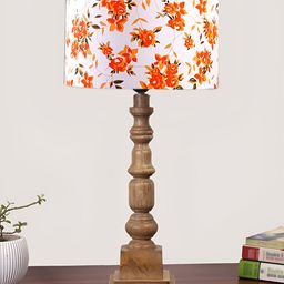 Devansh White & Orange Printed Drum Shaped Wooden Table Lamp-27