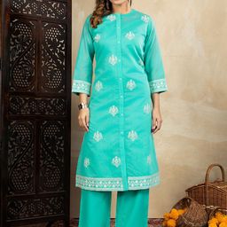 House of Pataudi Floral Embroidered Round Neck Straight Kurta & Trousers-image-21