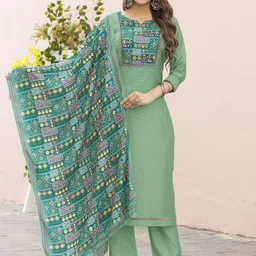 MITTOO Women Floral Embroidered Regular Kurti with Trousers & With Dupatta-image-32