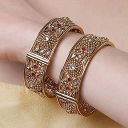 KARATCART Set Of 2 Gold Plated Kundan Studded Bangles image 4