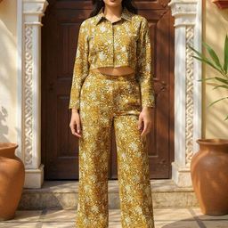SZN Printed Pure Cotton Collared Neck Long Sleeves Top With Palazzos Co-Ords-image-2