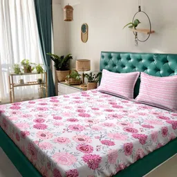 KLOTTHE Pink & Grey Floral Printed 300 TC Fitted Double King Bedsheet - 2.50 m x 2.25 m-picture-6