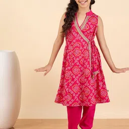 Stylo Bug Girls Bandhani Printed Angrakha Kurti with Trousers-image-45