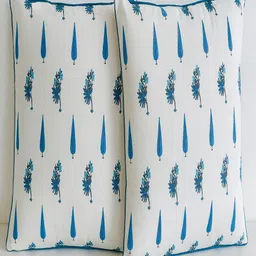 RRC Blue & White 2 Pieces Floral Printed Pure Cotton Rectangle Cushion Covers-image-1