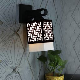 Gojeeva Black & White Textured Square Shaped Wooden Wall Lamp-picture-47