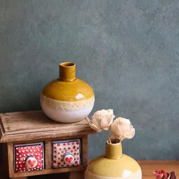 WEAVING HOMES White & Mustard Textured Ceramic Flower Vase-13