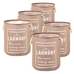 Kuber Industries 5-Pcs Brown & White Printed Foldable Cloth Basket With Handle-11