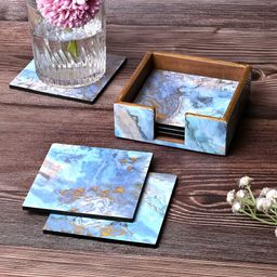 Storepedia 6 Pieces Blue & Gold-Toned Printed Square Wooden Coasters With Stand-image-76