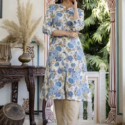 Pistaa Floral Printed Mandarin Collar Pure Cotton A-Line Kurta With Palazzos-picture-13