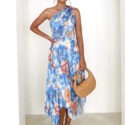 bebe Women Tie & Dyed One Shoulder Fit and Flare Midi Dress-image-16