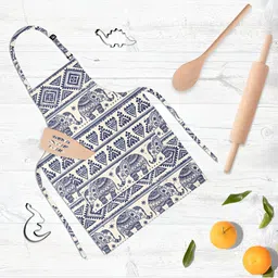 ArtzFolio Ethnic Elephant Navy Blue & White Printed Cotton Apron-21