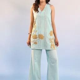 MISRI Embroidered V Neck Pure Cotton Top With Trousers-picture-40