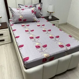 Pure Decor Purple & Pink Floral 220 TC Single Bedsheet with 2 Pillow Covers-image-45