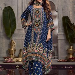 Inddus Ethnic Motifs Printed Beads and Stones Silk Crepe Kurta With Palazzos & Dupatta-image-8