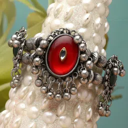 Moedbuille Brass Kundan Oxidised Silver-Plated Bangle-Style Bracelet-image-13