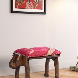 India Circus by Krsnaa Mehta Brown & Pink Printed Wooden Elephant Pouffe Ottomans-18
