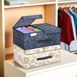 Kuber Industries White & Navy Blue 2 Pieces Printed Wardrobe Multi-Utility Organisers-11