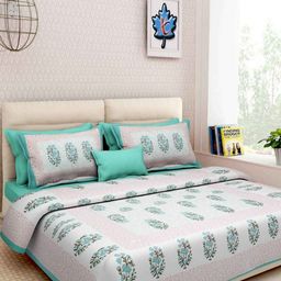 Myntra Elegant Homes Turquoise Blue & White Floral 120 TC Queen Bedsheet with 2 Pillow Covers-image-58