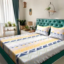KLOTTHE White & Blue Geometric Printed 300 TC Double Bedsheet Set 2.5m x 2.2 m-image-88