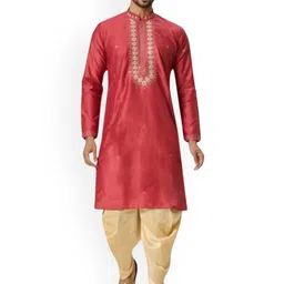SULAKSHACOUTUREZ Ethnic Motifs Embroidered Mandarin Collar Linen Kurta With Dhoti Pants-picture-31