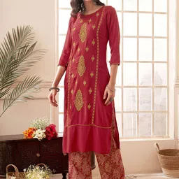 Anouk Red Ethnic Motifs Embroidered Straight Kurta With Palazzo-52