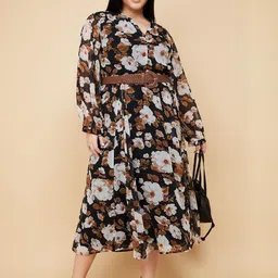 max Floral Print Puff Sleeve A-Line Midi Dress-image-10