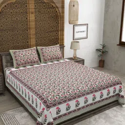 CLOTHOLOGY Green & White Floral 180 TC King Bedsheet with 2 Pillow Covers-image-80