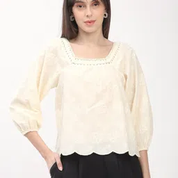 R&B Self Design Square Neck Cotton Schiffli Top-image-59
