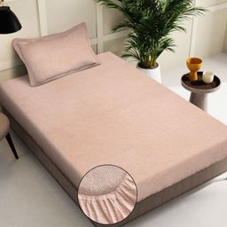 KLOTTHE Peach Colored Abstract Printed 300TC Woolen Single Bedsheet & Pillow Cover-2