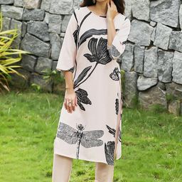 QISSA Floral Printed Linen Straight Kurta With Trousers-picture-57