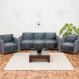 Myntra Elegant Homes Grey & Black Self Design 5 Seater Cotton Arms Sofa Cover-image-24
