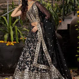 FABPIXEL Embroidered Sequinned Semi-Stitched Lehenga & Unstitched Blouse With Dupatta image 2