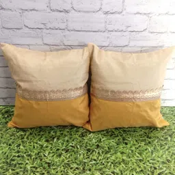 Pink Parrot Gold-Toned & Yellow 2 Pieces Ethnic Motifs Jacquard Silk Square Cushion Covers-image-41