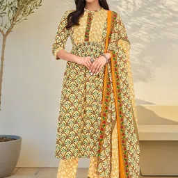SZN Ethnic Motifs Printed Mandarin Collar Pure Cotton Kurta With Trousers & Dupatta-image-60