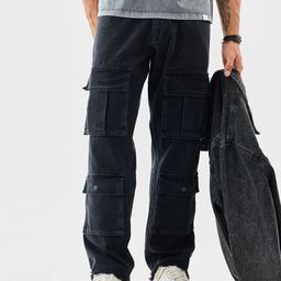 Snitch Men Black Mid-Rise Baggy Cargo Pants-picture-5