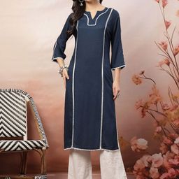 Anouk Rustic Self Design Notch Neck Straight Kurta With Trousers-picture-41