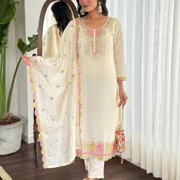 ODETTE Floral Embroidered Beads and Stones Straight Kurta with Trousers & Dupatta-picture-18