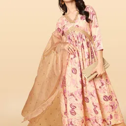 Anouk Rustic Floral Printed V-Neck Empire Zari A-Line Kurta & Trousers With Dupatta image 5