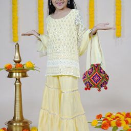 KiddoPanti Girls Ethnic Motifs Embroidered Straight Kurta with Sharara & Dupatta-picture-32