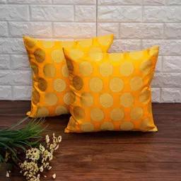 RoyalDeco Yellow & Gold-Toned 2 Pieces Ethnic Motifs Brocade Silk Square Cushion Covers-image-80