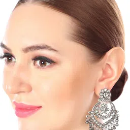 JYONA Silver-Plated Artificial Stones Studded Contemporary Oxidised Drop Earrings image 5