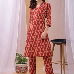 DIVASTRI Floral Printed V-Neck Pure Cotton Straight Kurta With Trousers-picture-56