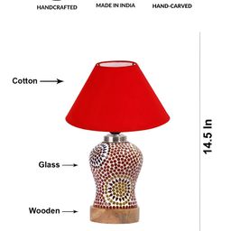 Devansh Red Textured Traditional Frusturical Shaped Wooden Table Lamp & Mosaic Glass-22