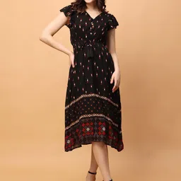 RANGRIWAZ Women Geometric Printed V-Neck Midi Fit & Flare Dress-image-19